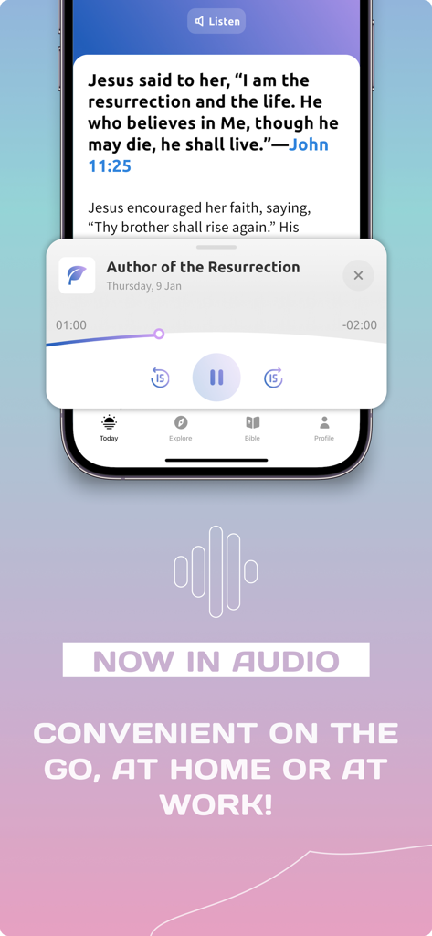 Audio player interface in the Adventist Devotional Readings app for listening to spiritual lessons on the go
