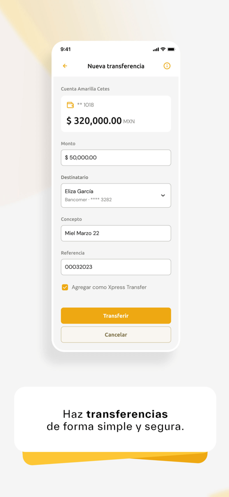 BASEinet - Interfaz móvil de la app BASEinet que muestra la pantalla de una nueva transacción de transferencia de dinero