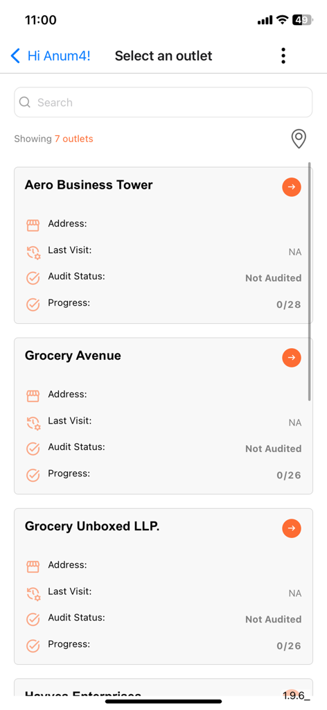 Mobile app interface showing a list of retail outlets for auditing with status and progress indicators.
