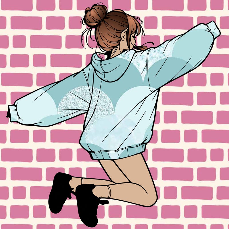 realistic girl jumping with a bun and oversized sweatshirt