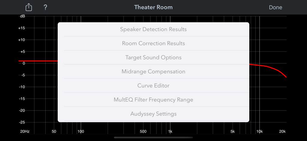 Settings menu for audio calibration in the Audyssey MultEQ Editor app showing options like room correction and curve editor.