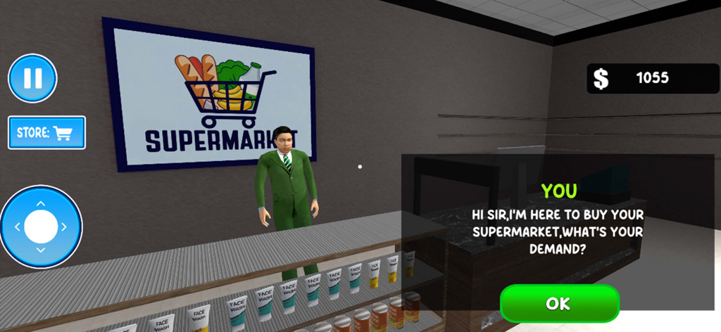 Supermarket Manager Sim 3D - In-game screenshot of Supermarket Manager Sim 3D showing a character in a green suit at a checkout counter with a dialogue box about buying the store.