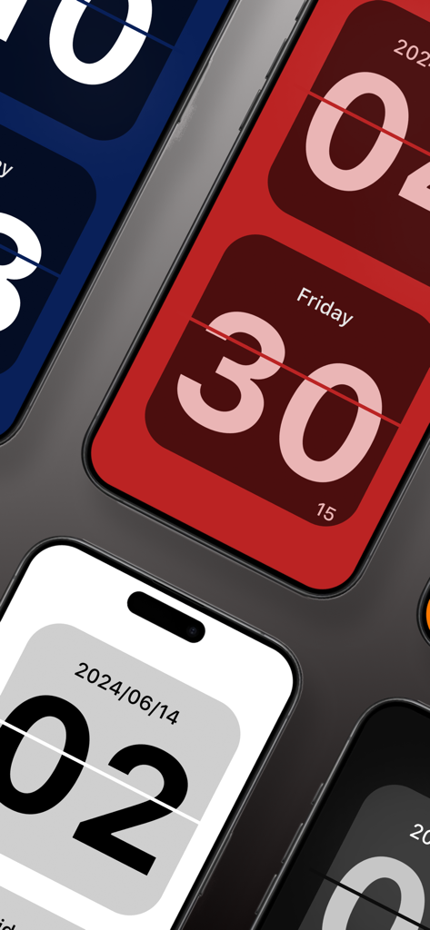 Flip Clock - Display Time Pro - Multiple iPhones showing different colorful flip clock themes