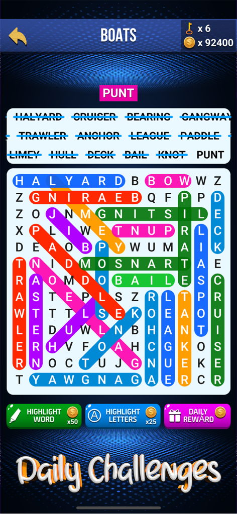 Wow Search game screen showing a word search puzzle with a boats theme