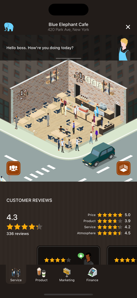 Coffee Inc 2 - Isometric view of a New York City cafe and customer reviews dashboard in the Coffee Inc 2 simulation game