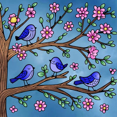 tree branches with birds and flowers