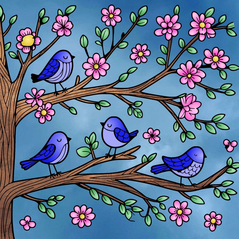 tree branches with birds and flowers