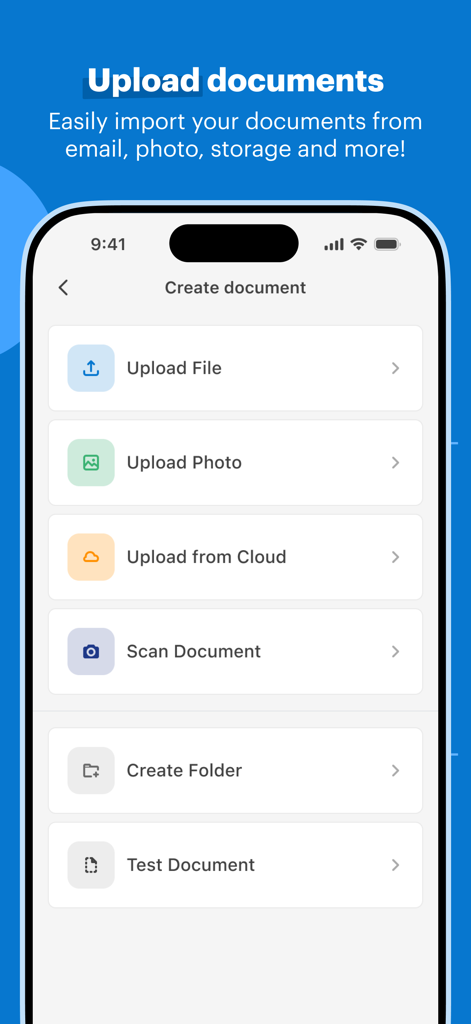 Mobile interface of SignNow app showing options to upload files, photos, cloud documents, and scan for e-signature.