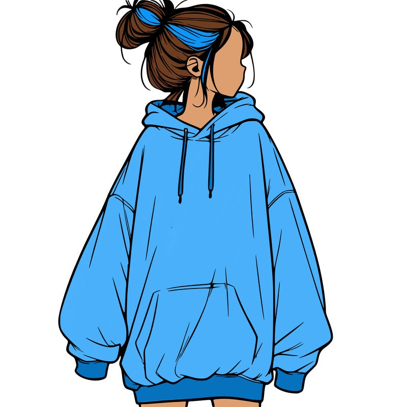 realistic girl with a oversized sweatshirt on and a bun