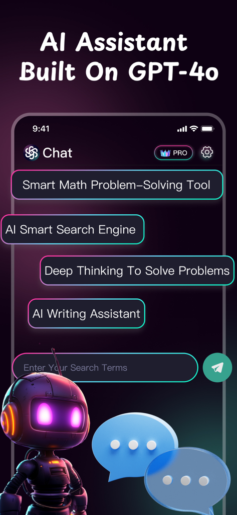 Chatbot AI Assistant, Image AI - Interfaz de la aplicación móvil ChatOm AI que muestra funciones de asistente de IA basadas en GPT-4o.