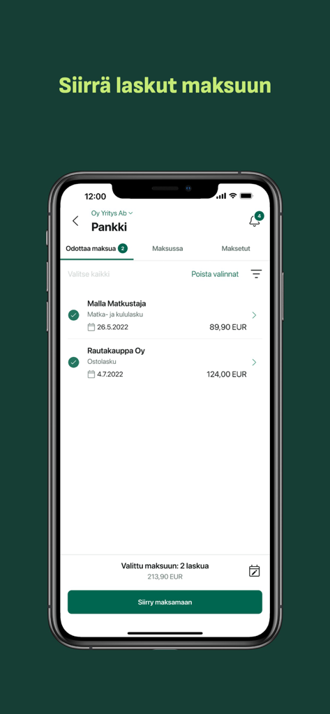 Fennoa mobile app interface for managing and paying business invoices and expenses.