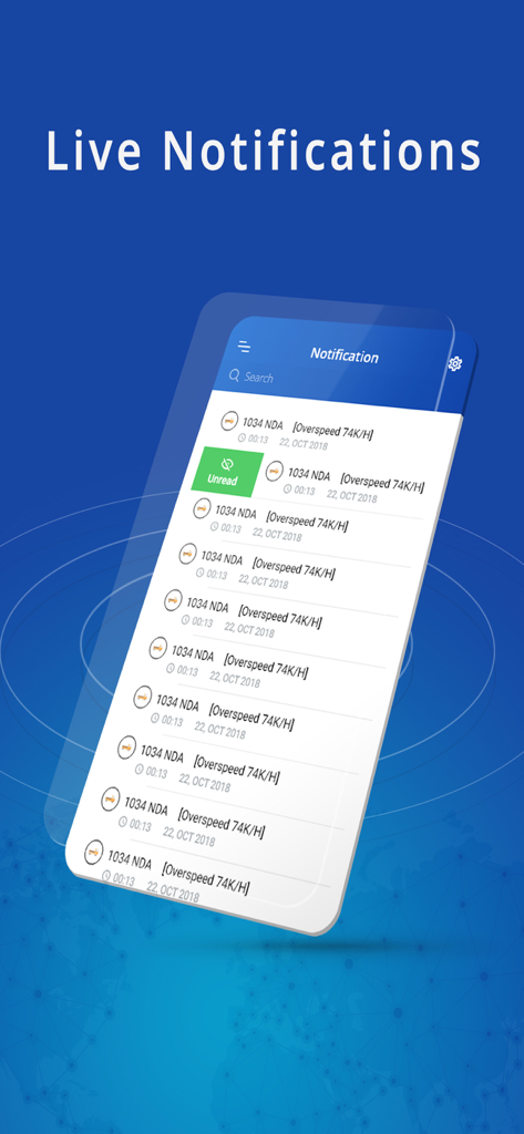 AFAQY AVL - A mobile app screen displaying live notifications and overspeed alerts for fleet vehicle tracking.