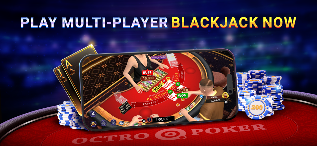 Octro Poker Texas Holdem Games - Mobile screen showing a 3D multiplayer blackjack table with avatars and chips in the Octro Poker app.
