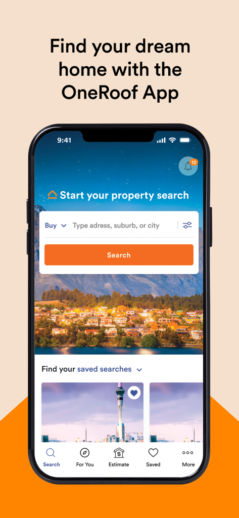 OneRoof Real Estate app home screen displaying the property search bar and saved searches feature.