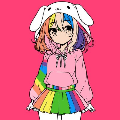 pretty anime girl wearing a fluffy hoodie with bunny ears on the hood and a skirt