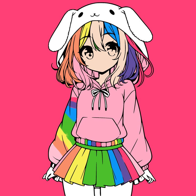 pretty anime girl wearing a fluffy hoodie with bunny ears on the hood and a skirt