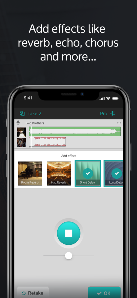 Songtree - Music Maker - Interface of Songtree Music Maker showing audio effects options like reverb and delay