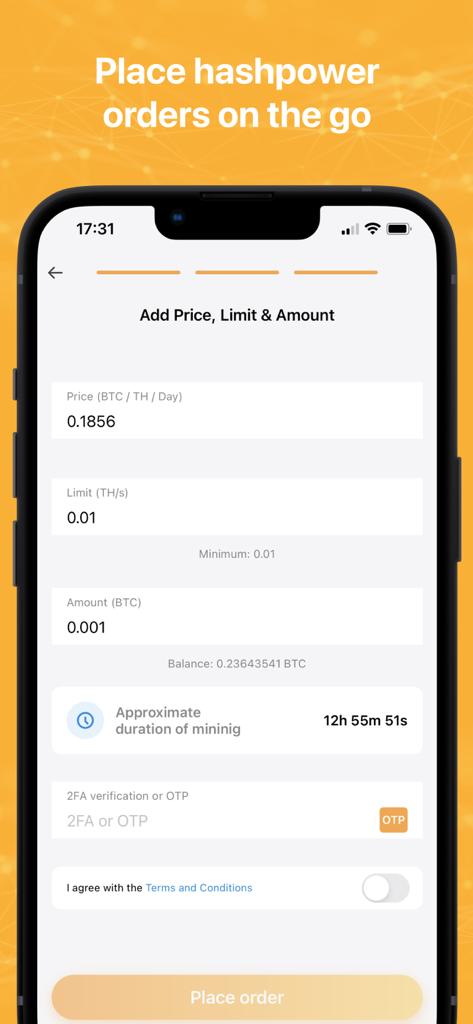 NiceHash - Uno screenshot dell'app mobile NiceHash che mostra il modulo per effettuare ordini sul marketplace dell'hash power, inclusi i campi per il limite di prezzo e l'importo