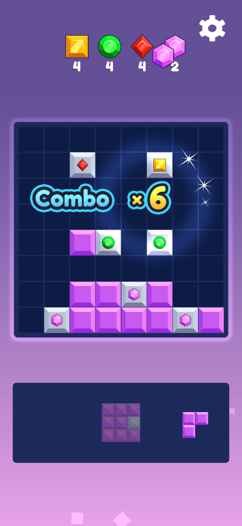 A screenshot of Block Blast Puzzle Brain Game showing a combo six achievement and colorful gem blocks on a grid