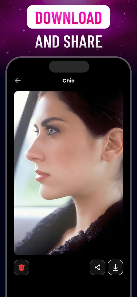Nose Editor & Retouch: Nosefix - Nosefix app interface displaying a woman side profile with download and share buttons