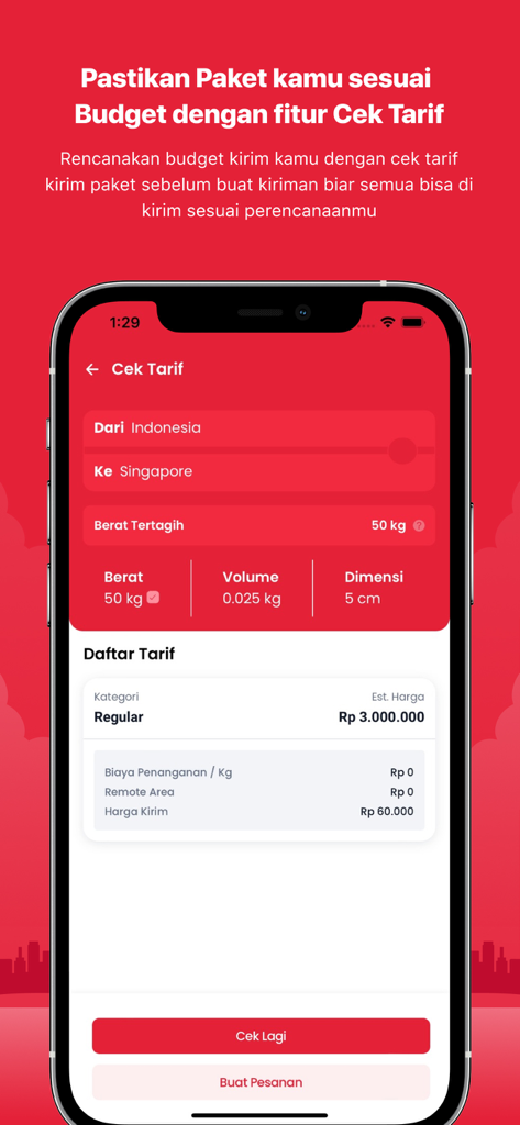 Abang Express - Abang Express app interface showing international shipping rate calculation from Indonesia to Singapore