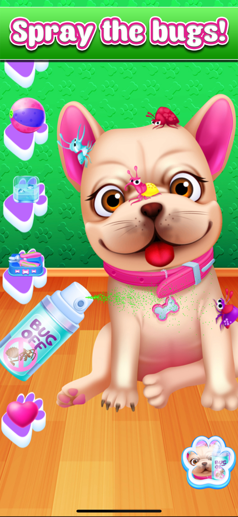 My Baby Pet Salon Makeover - Un adorable cachorro de dibujos animados siendo rociado con repelente de insectos en un juego de cambio de imagen de salón de mascotas.