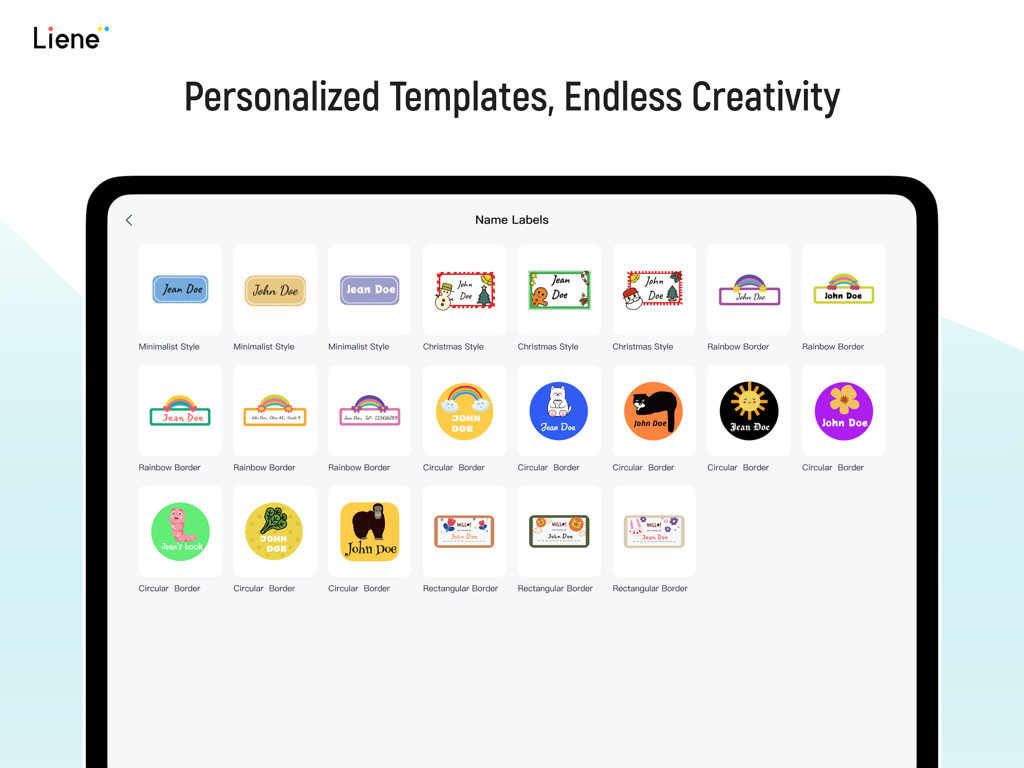 Liene Photo HD - A tablet displaying a collection of personalized name label templates in the Liene Photo HD app