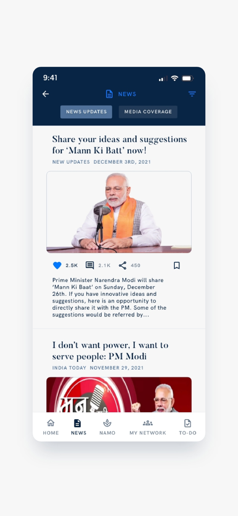 Narendra Modi - Écran du flux d'actualités de l'application Narendra Modi présentant des titres et des options d'engagement.