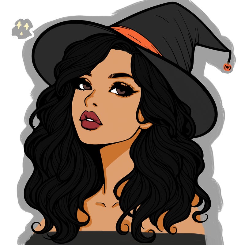 realistic witch girl with wavy hair and lips