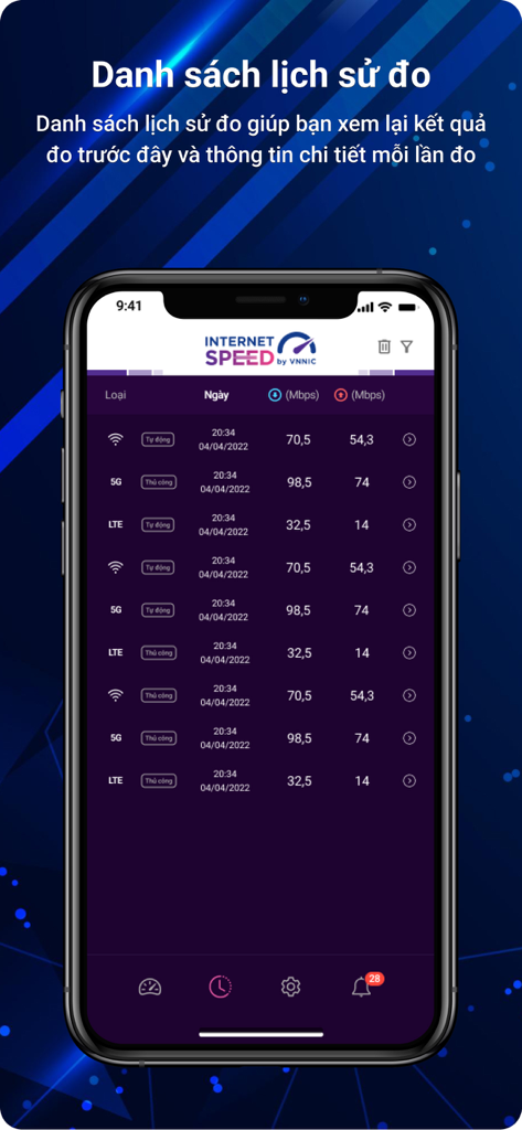 Measurement history list in the i-SPEED app showing download and upload speeds for WiFi 5G and LTE