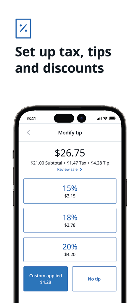 Interfaz de la aplicación Chase POS para configurar impuestos, propinas y descuentos durante una transacción
