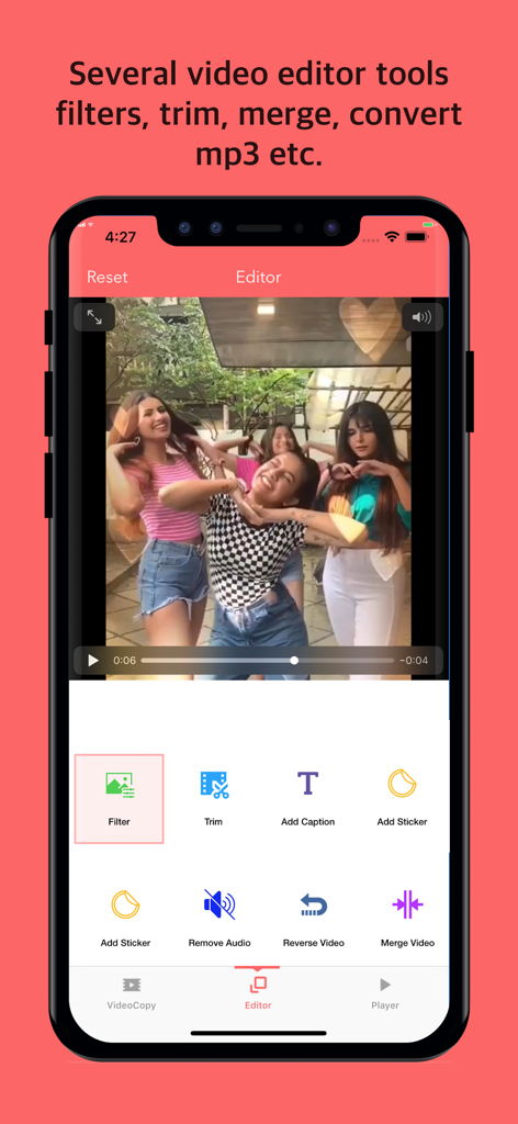 VideoCopy: Download manager - Interface of the VideoCopy app showing video editing tools including filters trim and add caption
