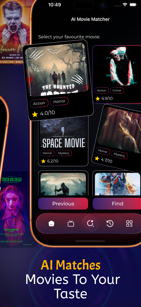 OnStream : TV shows & Movies - AI Movie Matcher interface in OnStream app showing personalized movie recommendations and ratings