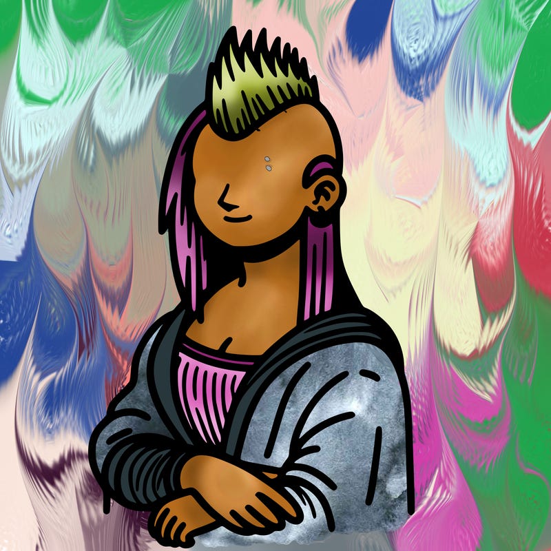 davinci's mona lisa with mohawk hairstyle, realistic, thin outlines