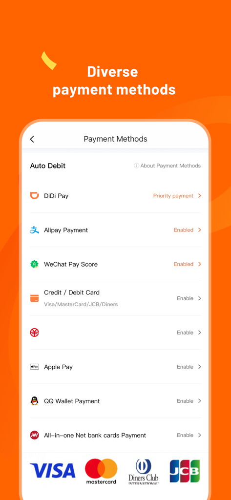 DiDi China app payment methods screen showing support for international credit cards like Visa and Mastercard