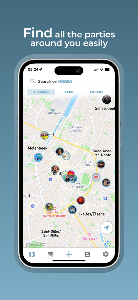 Nooba - Nooba app map interface showing icons for local parties and events in an urban area