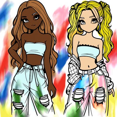 2 girls in crop tops and baggy jeans ripped