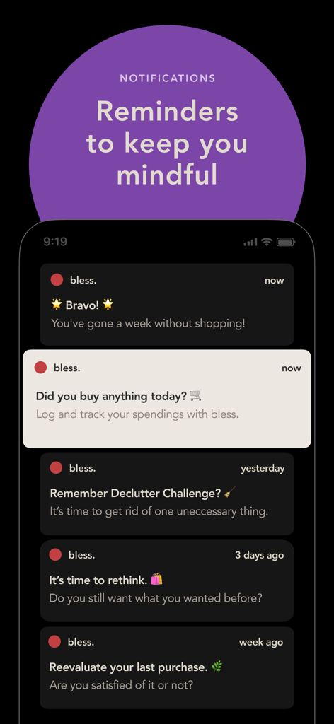 bless. minimal shopping habits - Smartphone screen displaying push notifications from the bless app with reminders to track spending and stay mindful of shopping habits.