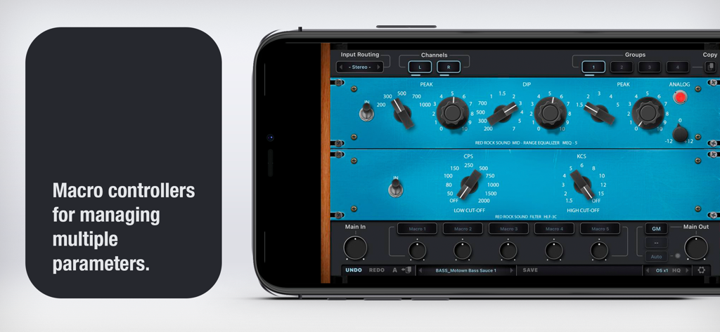 RRS MEQ-5 - RRS MEQ-5 mobile audio plugin interface highlighting macro controllers for managing multiple parameters
