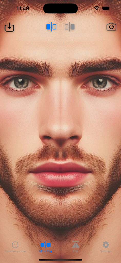 Facial Symmetry - A close-up of a man's face mirrored vertically in the Facial Symmetry app interface.