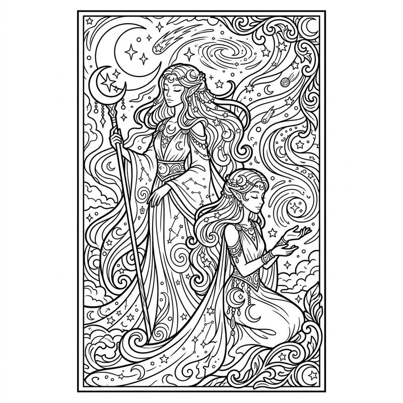 Unleash your creativity with this mystical Moon Elves bookmark coloring page, designed for fantasy enthusiasts. Immerse yourself in a world of lunar magic and intricate celestial patterns, perfect for personalizing your reading adventures.
