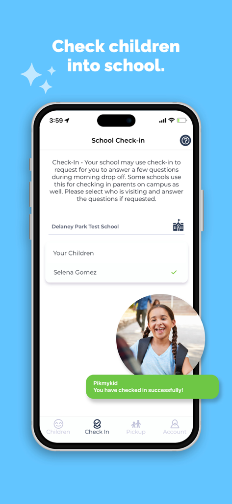 Pikmykid Parent - The Pikmykid Parent app interface showing a successful school check in notification for a student