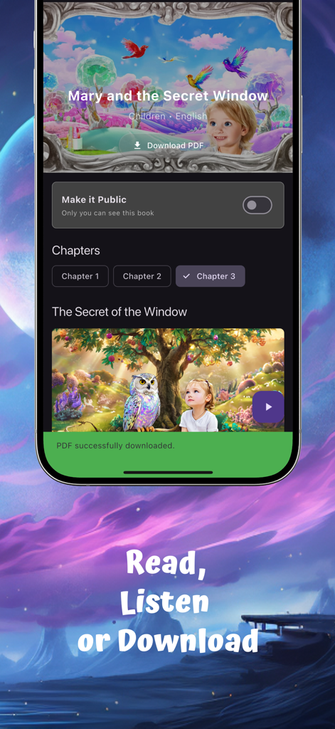 AI Book Generator - AI Book Generator app interface showing options to read listen or download a personalized story as a PDF