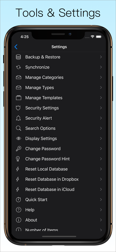 Password Manager Data Vault - The tools and settings screen of DataVault Password Manager showing backup, sync, and security options.