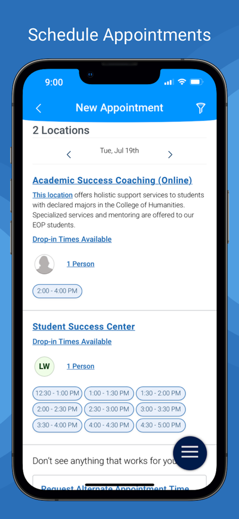 Navigate360 Student - Tela de agendamento de consultas do aplicativo Navigate360 Aluno mostrando horários disponíveis para serviços do campus