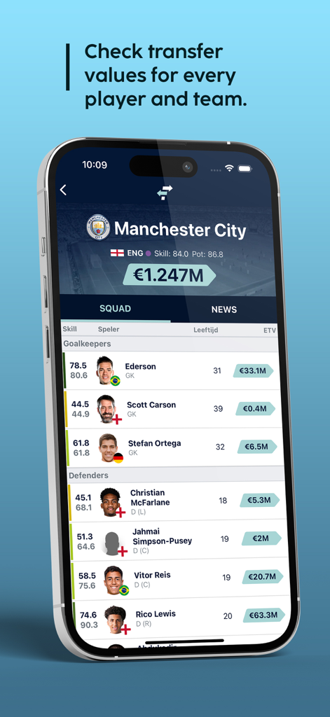 FootballTransfers - Soccer player market values and stats for Manchester City in the FootballTransfers app