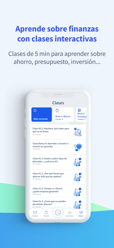 Mobile app screen showing interactive financial education classes on saving and budgeting
