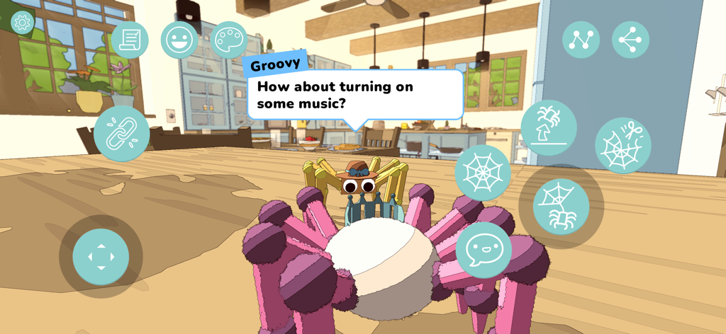 Un grande ragno blu soffice in un ambiente di cucina con una bolla di dialogo che chiede di accendere la musica.