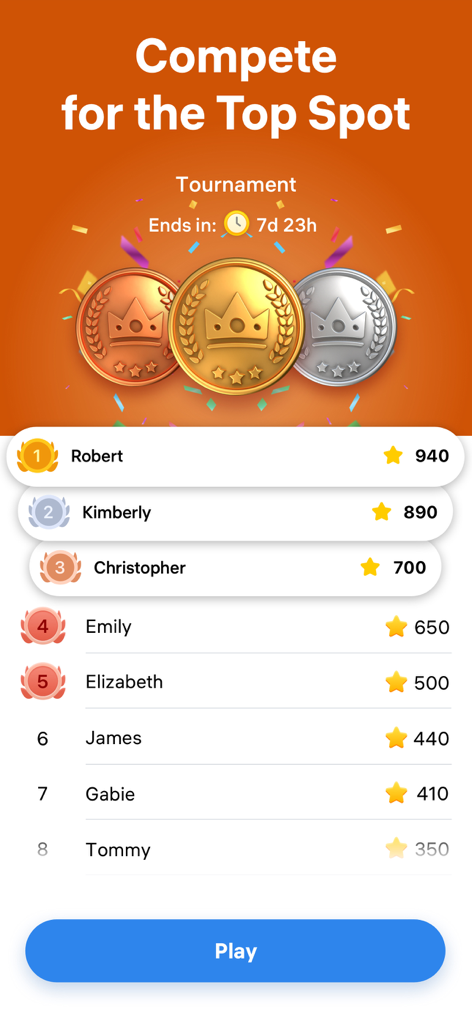 Number Match - Numbers Game - Classifica del torneo del gioco Number Match che mostra le classifiche dei giocatori e i punteggi in stelle