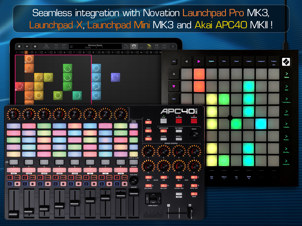 Groove Rider 2 App auf dem iPad integriert mit Akai APC40 und Novation Launchpad MIDI-Controllern
